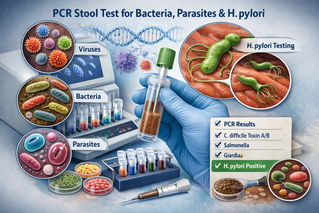 PCR stool test for bacteria, parasites and Helicobacter pylori using molecular diagnostics