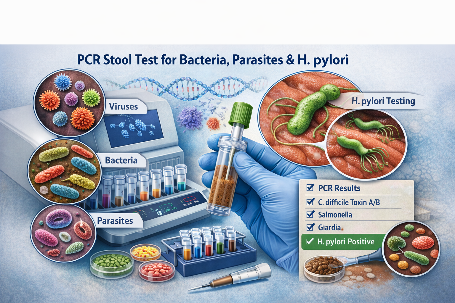 PCR and microscopy stool test for parasites, ova, cysts and Helicobacter pylori