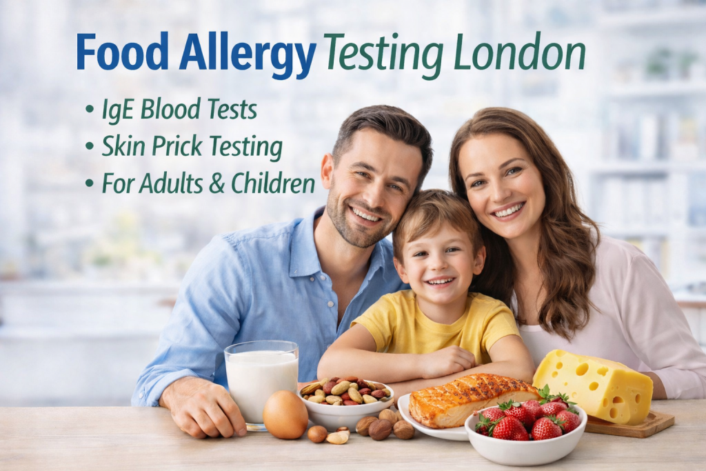 Happy family sitting at a table after food allergy testing services for adults and children in London.