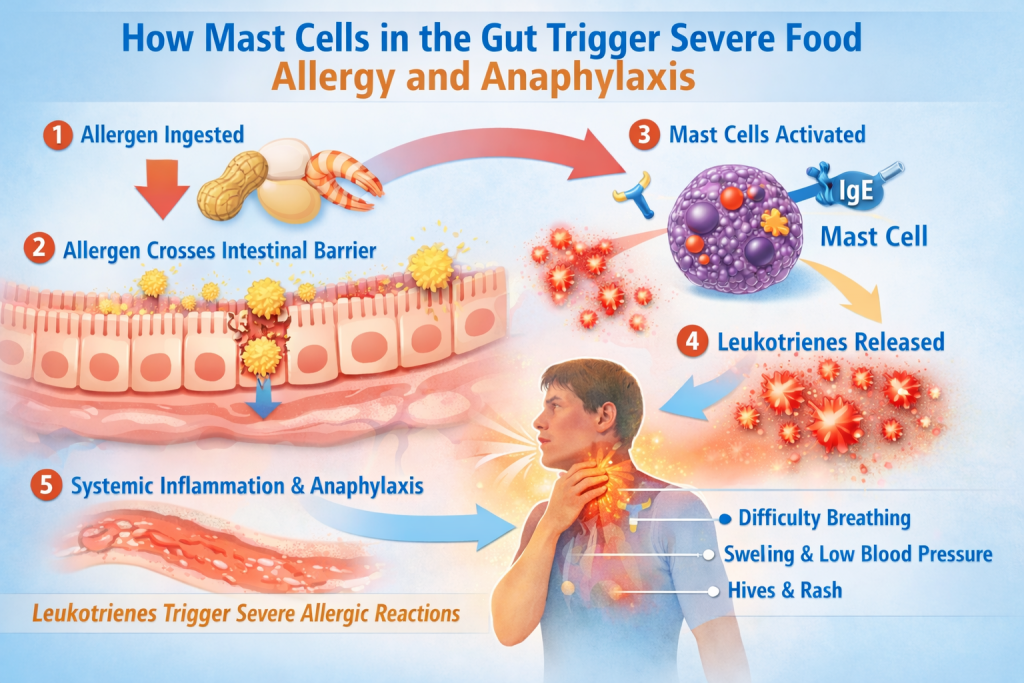 Mast cell activation in the gut lining triggering leukotriene release and systemic allergic reaction leading to anaphylaxis