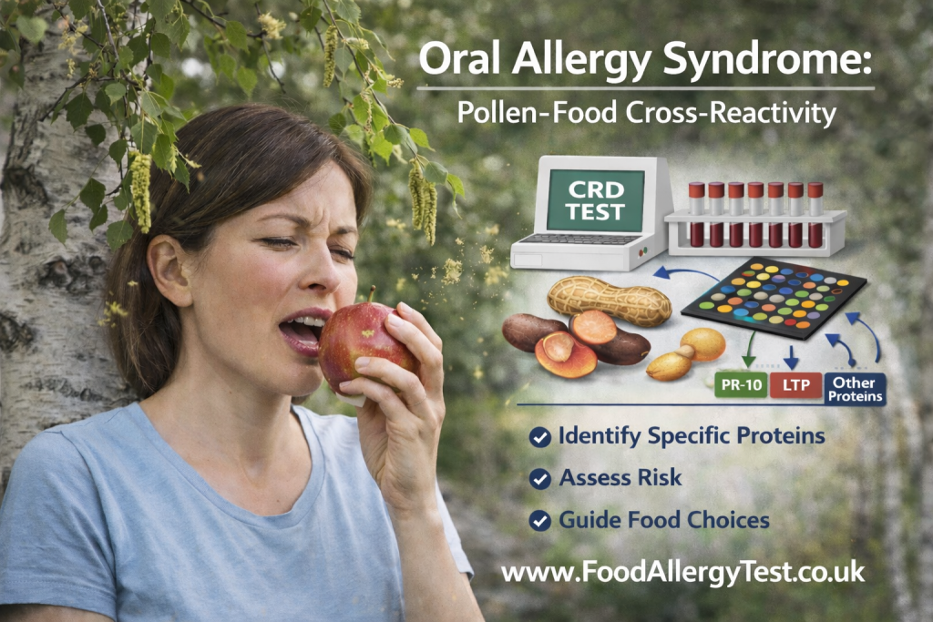 Woman eating an apple under a birch tree oral allergy syndrome caused by pollen–food cross-reactivity