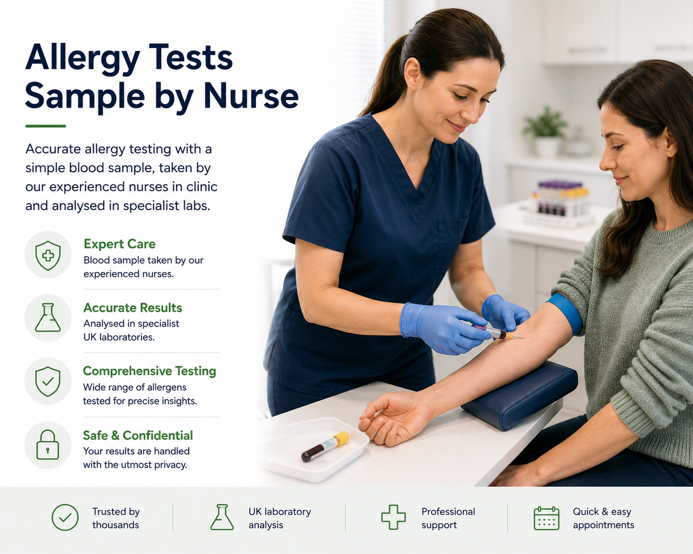 Allergy blood test performed by an experienced nurse in a clinic for laboratory allergy testing.