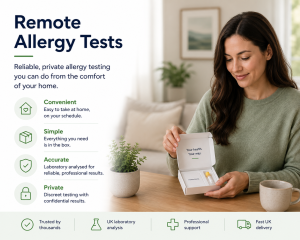 remote allergy test kit with a self-collected blood sample tube for laboratory allergy testing at home.