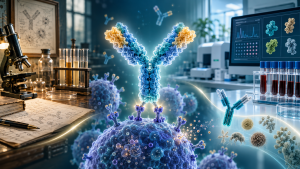 IgE discovery, an IgE antibody interacting with a mast cell and modern allergy testing.