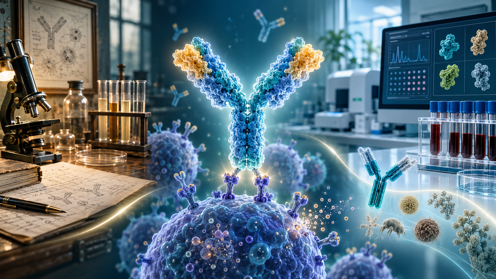 IgE discovery, an IgE antibody interacting with a mast cell and modern allergy testing.